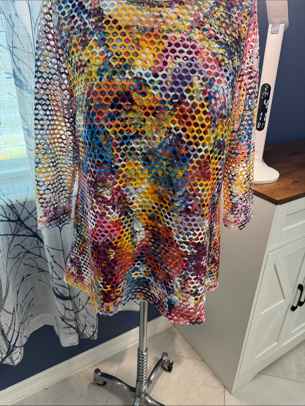 Ali Miles Multicolor Mesh Long Sleeve Dress - Yellow, Blue, Pink